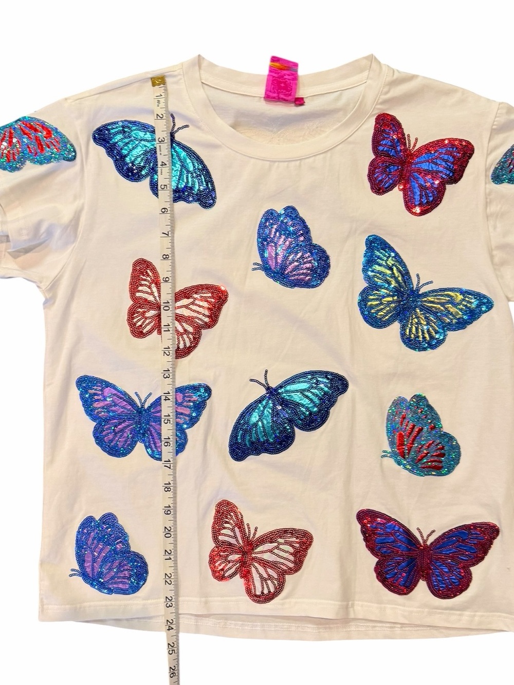 Queen of Sparkles Butterfly Sequin Tee White Multicolor Graphic Top Sz S - Picture 12 of 12